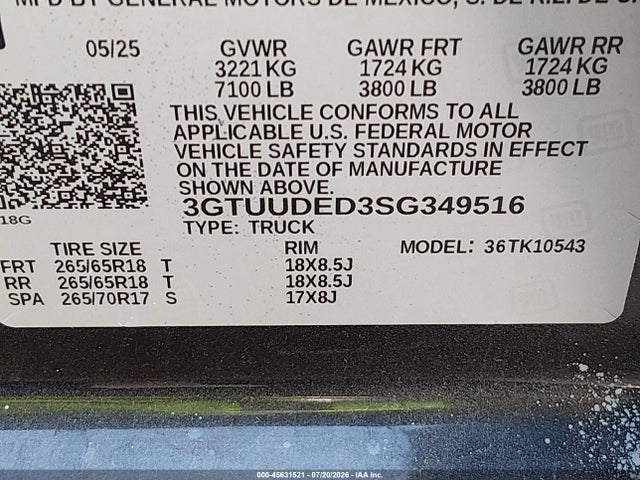 Aukcja sprzedaży 2025 Gmc Sierra 1500 4wd  Short Box Slt, vin: 3GTUUDED3SG349516, numer aukcji: 45631521