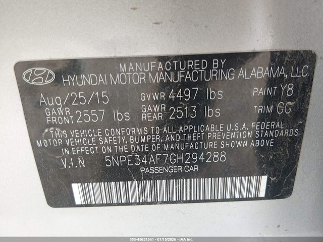 45631541 :رقم المزاد ، 5NPE34AF7GH294288 vin ، 2016 Hyundai Sonata Sport مزاد بيع