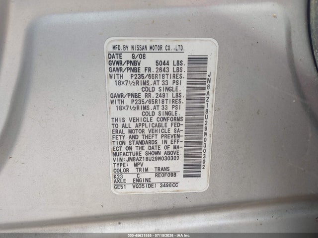 2009 Nissan Murano Sl მანქანა იყიდება აუქციონზე, vin: JN8AZ18U29W030302, აუქციონის ნომერი: 45631555