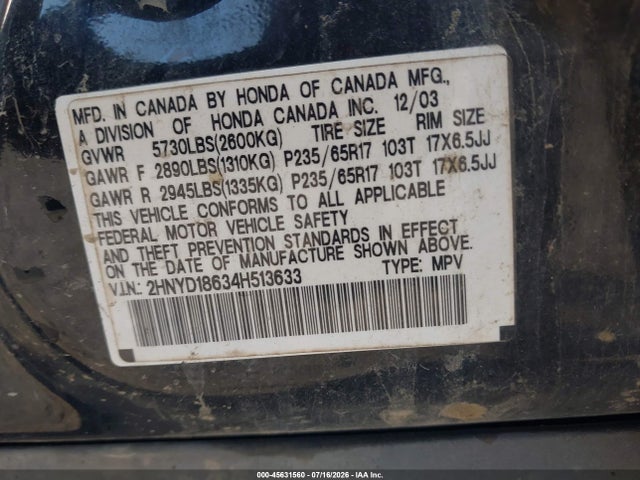 45631560 :رقم المزاد ، 2HNYD18634H513633 vin ، 2004 Acura Mdx مزاد بيع
