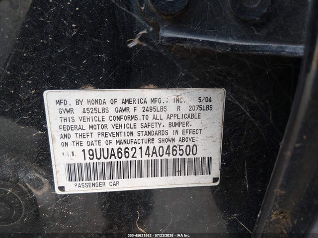 45631562 :رقم المزاد ، 19UUA66214A046500 vin ، 2004 Acura Tl مزاد بيع