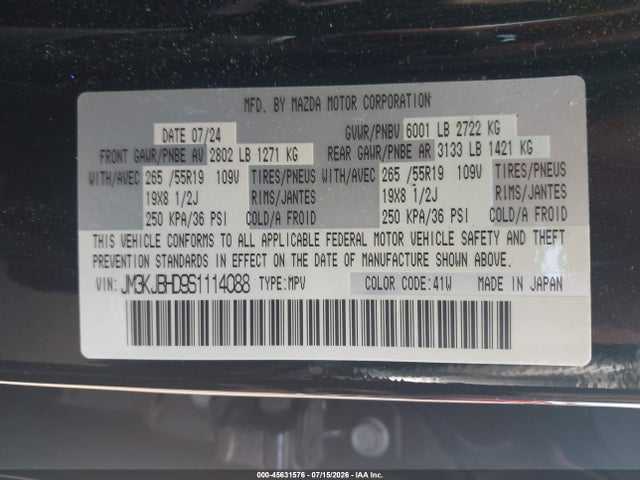 Aukcja sprzedaży 2025 Mazda Cx-70 3.3 Turbo Preferred Package, vin: JM3KJBHD9S1114088, numer aukcji: 45631576
