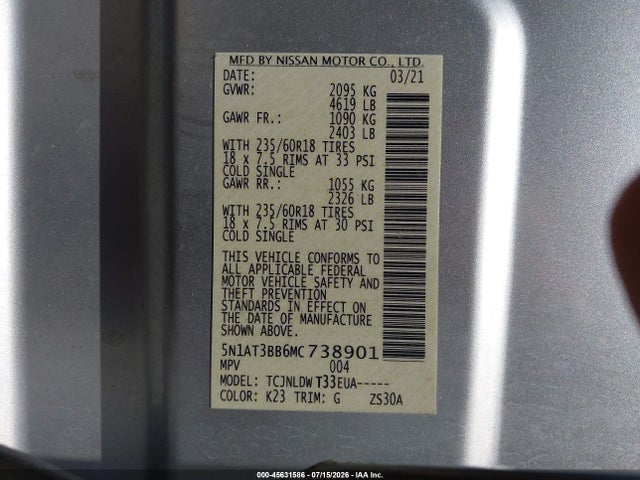 Продажа на аукционе авто 2021 Nissan Rogue Sv Intelligent Awd, vin: 5N1AT3BB6MC738901, номер лота: 45631586