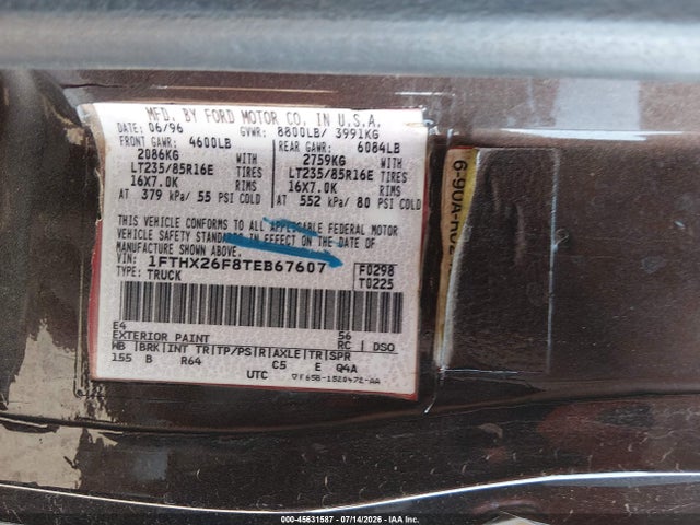 45631587 :رقم المزاد ، 1FTHX26F8TEB67607 vin ، 1996 Ford F250 مزاد بيع