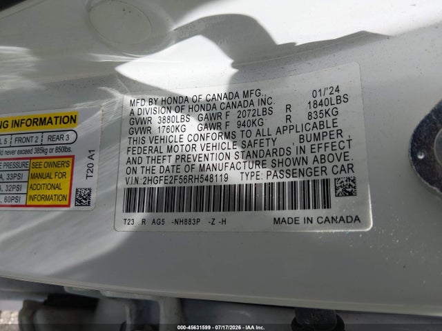 Aukcja sprzedaży 2024 Honda Civic Sport, vin: 2HGFE2F56RH548119, numer aukcji: 45631599