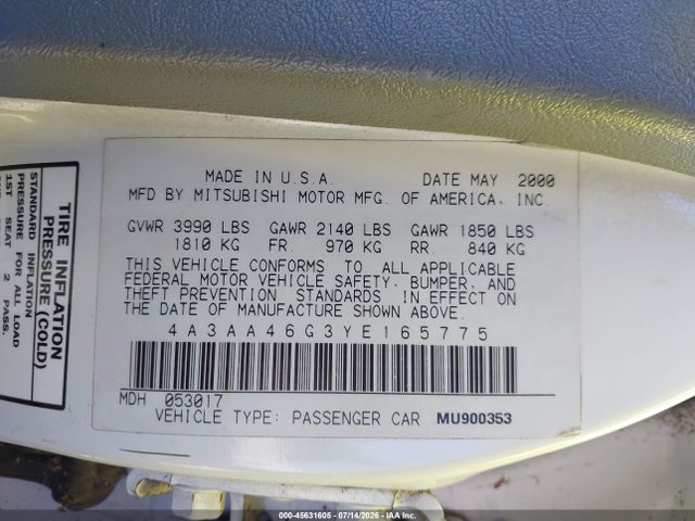 Aukcja sprzedaży 2000 Mitsubishi Galant Es, vin: 4A3AA46G3YE165775, numer aukcji: 45631605