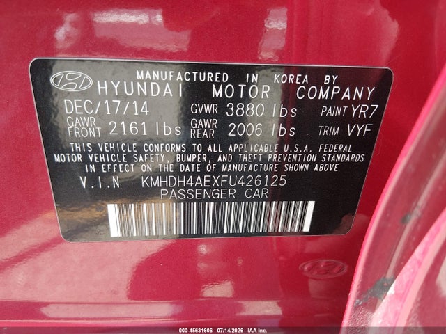 Hyundai ELANTRA SE 2015 KMHDH4AEXFU426125 Image 9