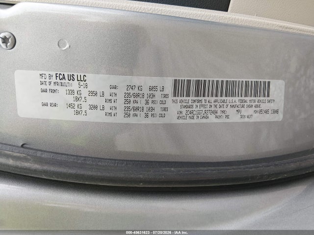 Продажа на аукционе авто 2018 Chrysler Pacifica Limited, vin: 2C4RC1GG7JR272494, номер лота: 45631623