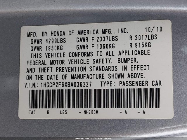 Aukcja sprzedaży 2011 Honda Accord 2.4 Se, vin: 1HGCP2F6XBA036227, numer aukcji: 45631628