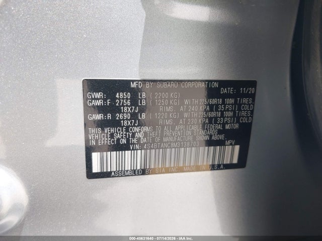 Subaru Outback Limited 2021 4S4BTANC8M3138703 Image 9