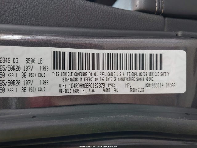2015 Dodge Durango Sxt მანქანა იყიდება აუქციონზე, vin: 1C4RDHAG6FC127378, აუქციონის ნომერი: 45631673