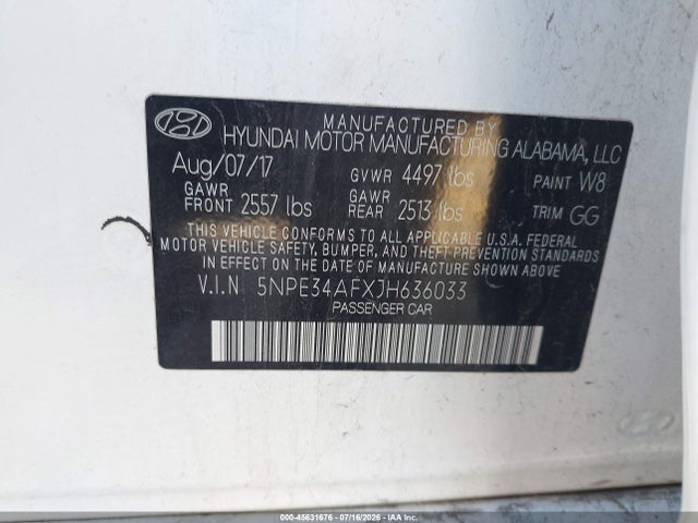 Aukcja sprzedaży 2018 Hyundai Sonata Sel, vin: 5NPE34AFXJH636033, numer aukcji: 45631676