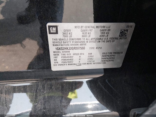 45631687 :رقم المزاد ، 1GKS2HKJ2GR397566 vin ، 2016 Gmc Yukon Xl Denali مزاد بيع