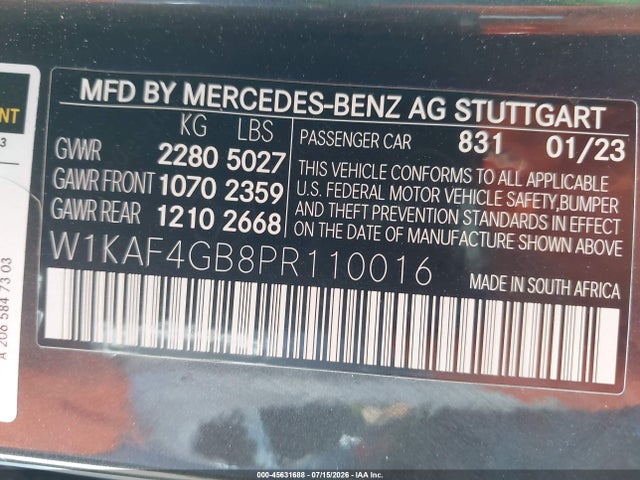 Продажа на аукционе авто 2023 Mercedes-benz C 300 Sedan, vin: W1KAF4GB8PR110016, номер лота: 45631688