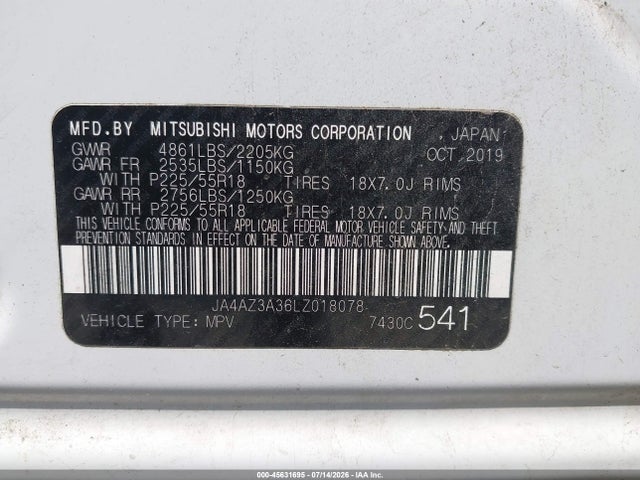 Продажа на аукционе авто 2020 Mitsubishi Outlander Sel 2.4 S-awc, vin: JA4AZ3A36LZ018078, номер лота: 45631695