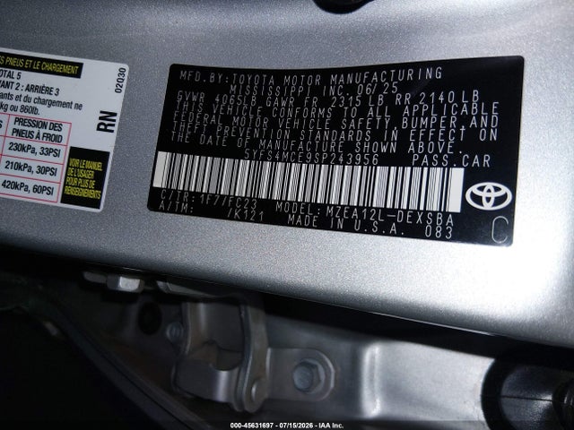 5YFS4MCE9SP243956 Toyota COROLLA SE