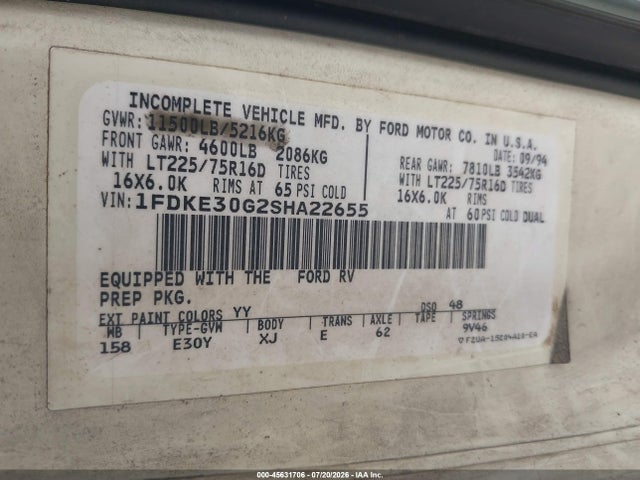 45631706 :رقم المزاد ، 1FDKE30G2SHA22655 vin ، 1995 Ford Econoline E350 Cutaway Van مزاد بيع