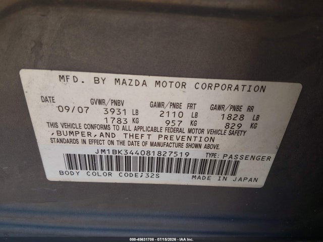 Aukcja sprzedaży 2008 Mazda Mazda3 S Sport, vin: JM1BK344081827519, numer aukcji: 45631708
