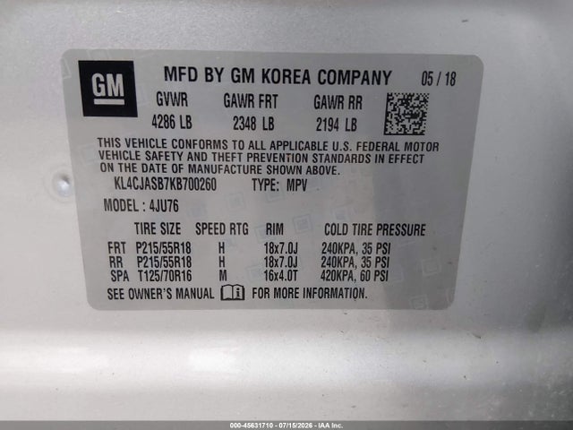 Aukcja sprzedaży 2019 Buick Encore Fwd Preferred, vin: KL4CJASB7KB700260, numer aukcji: 45631710