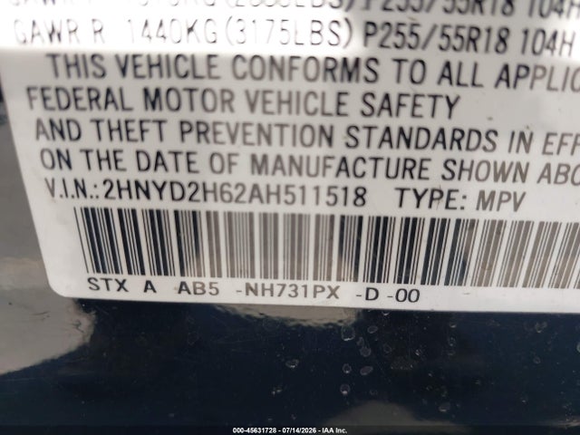 2010 Acura Mdx Technology Package მანქანა იყიდება აუქციონზე, vin: 2HNYD2H62AH511518, აუქციონის ნომერი: 45631728