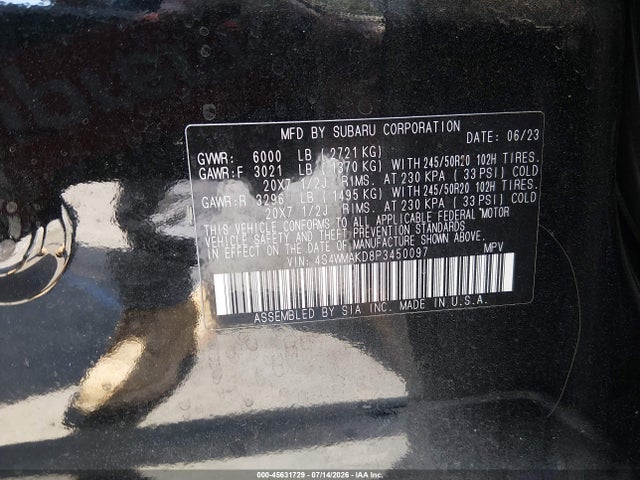 2023 Subaru Ascent Onyx Edition Limited 7-passenger მანქანა იყიდება აუქციონზე, vin: 4S4WMAKD8P3450097, აუქციონის ნომერი: 45631729