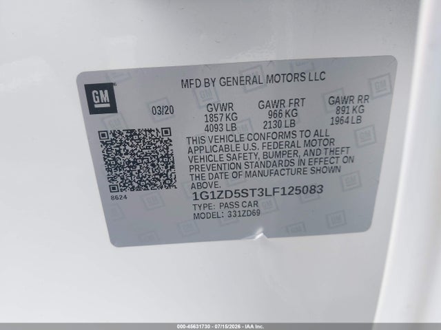 2020 Chevrolet Malibu Fwd Lt მანქანა იყიდება აუქციონზე, vin: 1G1ZD5ST3LF125083, აუქციონის ნომერი: 45631730