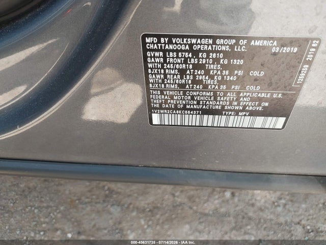 Aukcja sprzedaży 2019 Volkswagen Atlas 3.6l V6 Se W/technology, vin: 1V2WR2CA8KC554371, numer aukcji: 45631735