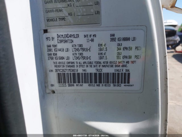 Aukcja sprzedaży 2001 Dodge Ram 2500 St, vin: 3B7KC26Z71M530210, numer aukcji: 45631739