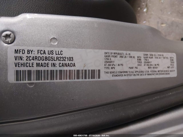 Продаж на аукціоні авто 2020 Dodge Grand Caravan Se Plus, vin: 2C4RDGBG5LR232103, номер лоту: 45631769