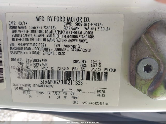 3FA6P0G73JR211323 Ford FUSION S