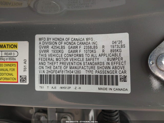 Aukcja sprzedaży 2026 Honda Civic Hybrid Sport/sport Touring, vin: 2HGFE4F81TH341280, numer aukcji: 45631775