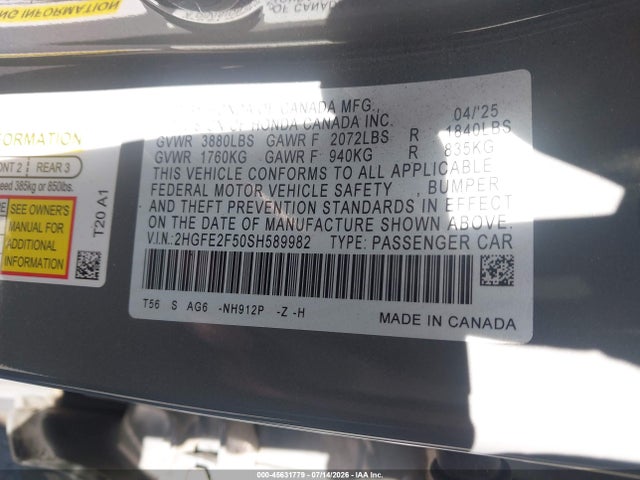 2HGFE2F50SH589982 Honda Civic Sport