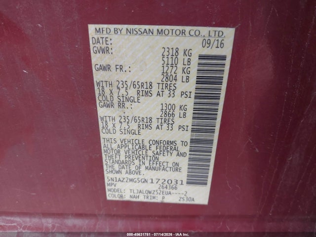 2016 Nissan Murano Sv მანქანა იყიდება აუქციონზე, vin: 5N1AZ2MG5GN172031, აუქციონის ნომერი: 45631781