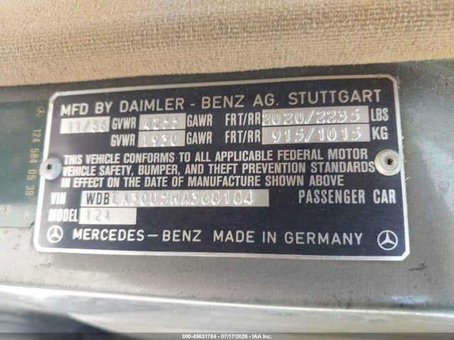 Продаж на аукціоні авто 1987 Mercedes-benz 300 E, vin: WDBEA30D5HA368184, номер лоту: 45631784