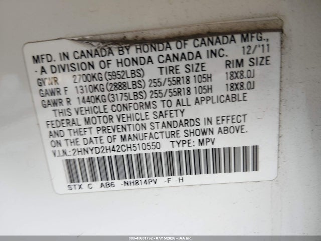 45631792 :رقم المزاد ، 2HNYD2H42CH510550 vin ، 2012 Acura Mdx Technology Package مزاد بيع