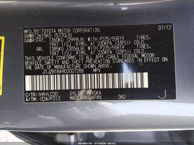 45631797 :رقم المزاد ، JTJZB1BA9D2007288 vin ، 2013 Lexus Rx 450h مزاد بيع