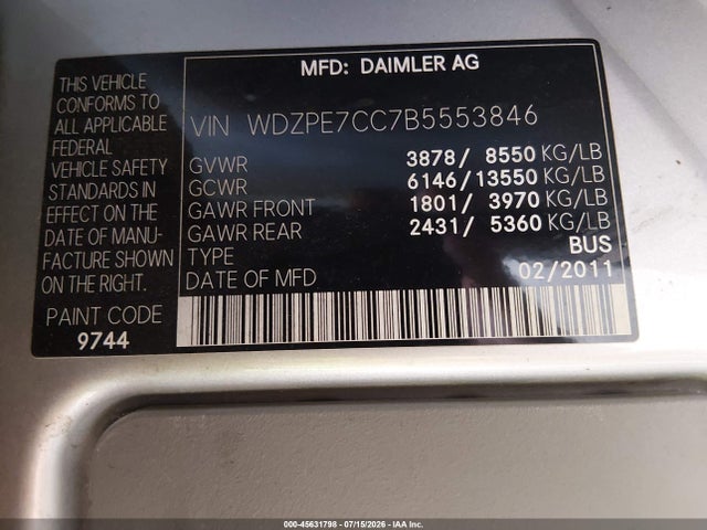 2011 Mercedes-benz Sprinter 2500 Normal Roof მანქანა იყიდება აუქციონზე, vin: WDZPE7CC7B5553846, აუქციონის ნომერი: 45631798