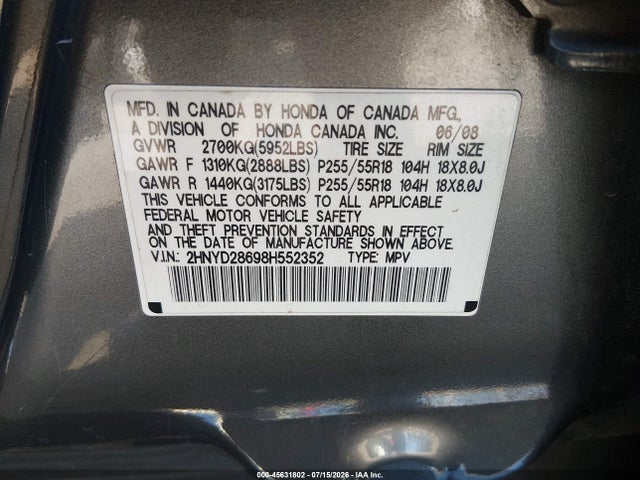 45631802 :رقم المزاد ، 2HNYD28698H552352 vin ، 2008 Acura Mdx Technology Package مزاد بيع