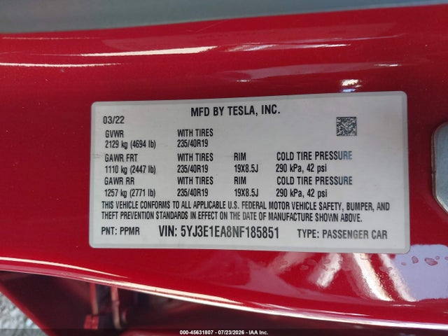 Aukcja sprzedaży 2022 Tesla Model 3 Rear-wheel Drive, vin: 5YJ3E1EA8NF185851, numer aukcji: 45631807