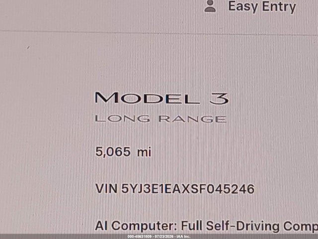 2025 Tesla Model 3 Long Range Rear-wheel Drive/standard Rear-wheel Drive მანქანა იყიდება აუქციონზე, vin: 5YJ3E1EAXSF045246, აუქციონის ნომერი: 45631809