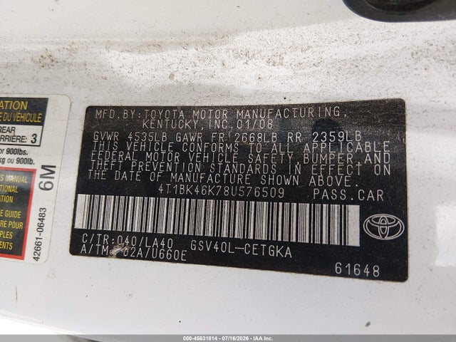 45631814 :رقم المزاد ، 4T1BK46K78U576509 vin ، 2008 Toyota Camry Xle مزاد بيع