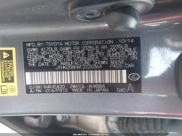 Продаж на аукціоні авто 2015 Lexus Ct 200h, vin: JTHKD5BH6F2220364, номер лоту: 45631815