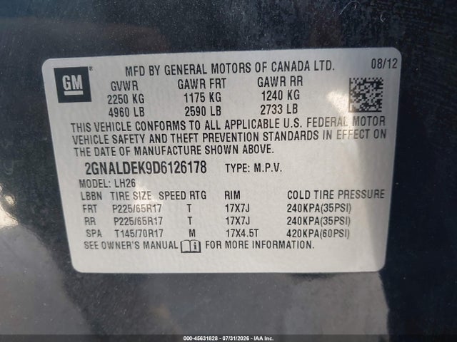 2013 Chevrolet Equinox Lt მანქანა იყიდება აუქციონზე, vin: 2GNALDEK9D6126178, აუქციონის ნომერი: 45631828
