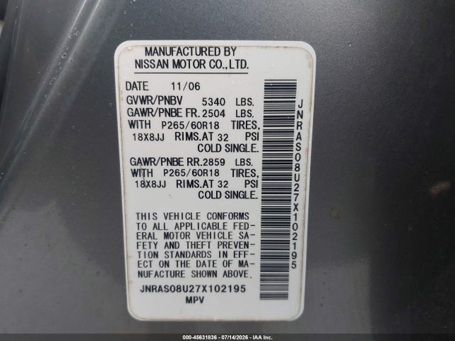 Продаж на аукціоні авто 2007 Infiniti Fx35, vin: JNRAS08U27X102195, номер лоту: 45631836