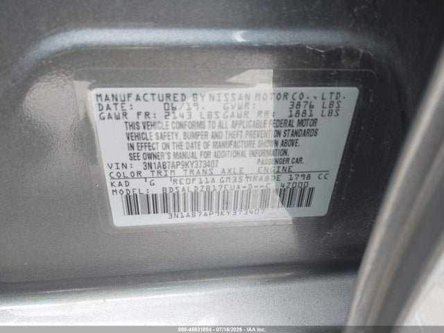 Продажа на аукционе авто 2019 Nissan Sentra Sv, vin: 3N1AB7AP9KY373407, номер лота: 45631854