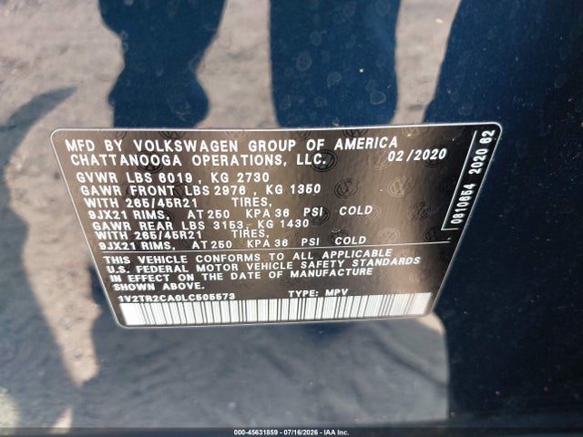 Aukcja sprzedaży 2020 Volkswagen Atlas 3.6l V6 Sel Premium, vin: 1V2TR2CA0LC505573, numer aukcji: 45631859