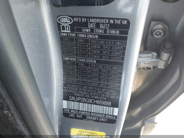 45631875 :رقم المزاد ، SALVP2BG9CH669888 vin ، 2012 Land Rover Range Rover Evoque Pure Plus مزاد بيع
