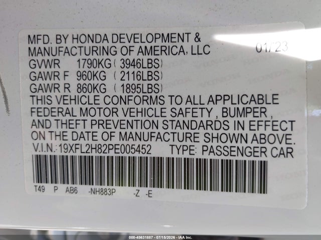 45631887 :رقم المزاد ، 19XFL2H82PE005452 vin ، 2023 Honda Civic Sport مزاد بيع