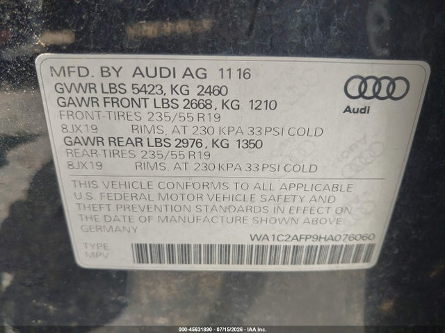 45631890 :رقم المزاد ، WA1C2AFP9HA076060 vin ، 2017 Audi Q5 2.0t Premium مزاد بيع