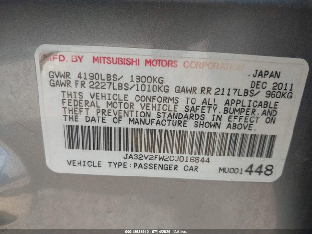 2012 Mitsubishi Lancer Se მანქანა იყიდება აუქციონზე, vin: JA32V2FW2CU016844, აუქციონის ნომერი: 45631910